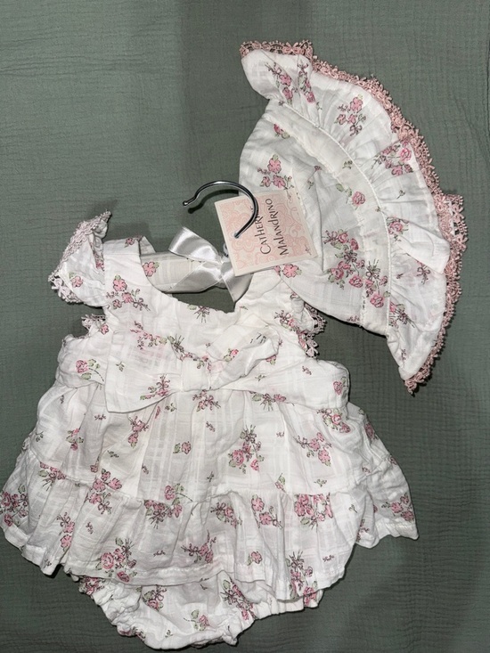 Catherine Malandrino Other - Catherine Malandrino White Baby Dress and Bonnet with Pink Floral Trim 3/6M